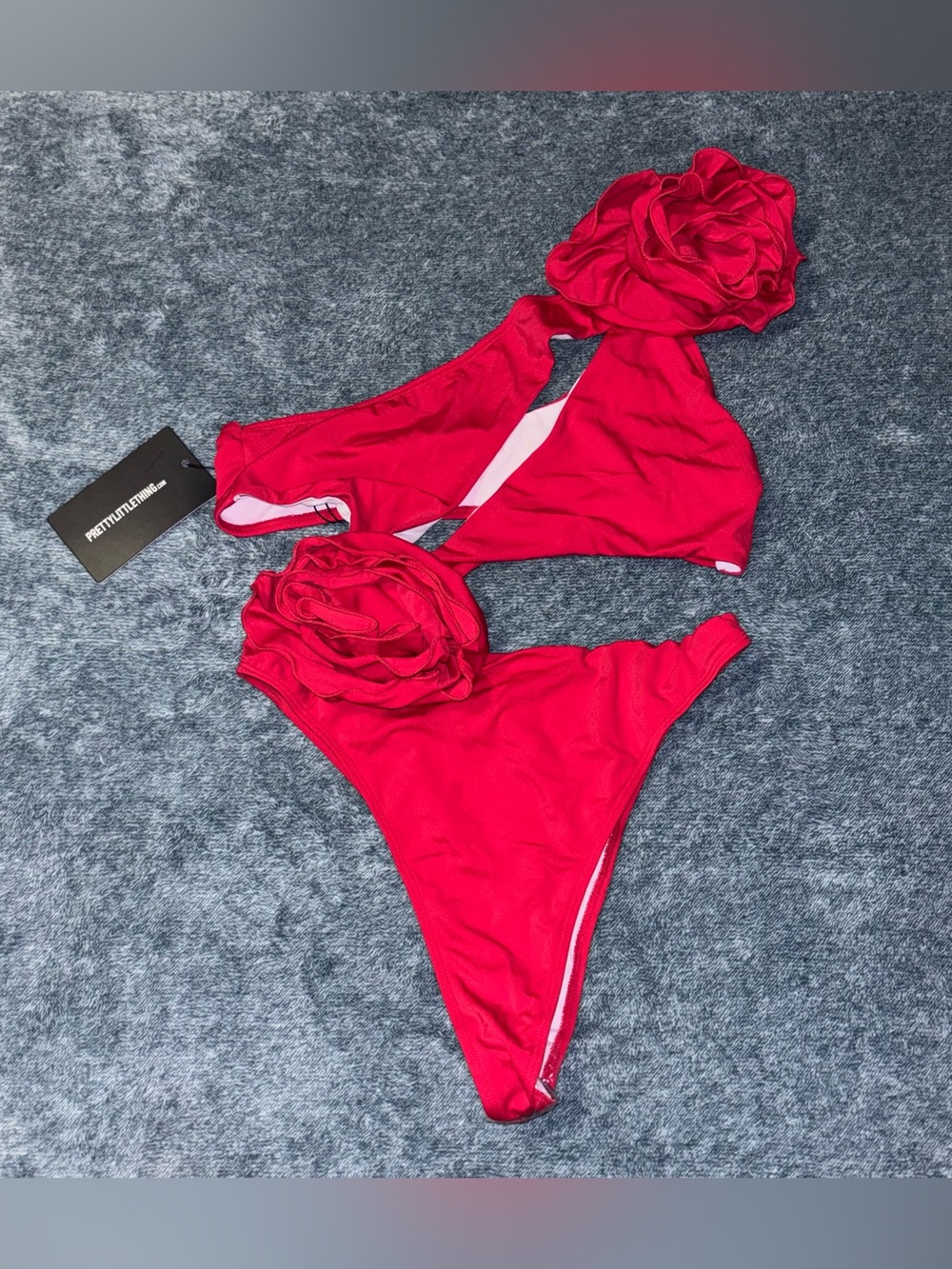 NWT PrettyLittleThing Red Rose Cut Out Asymmetric Swimsuit Size 8